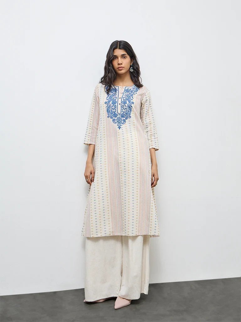 Off-White Floral Printed Cotton-Blend Kurta - DWEEP SARA
