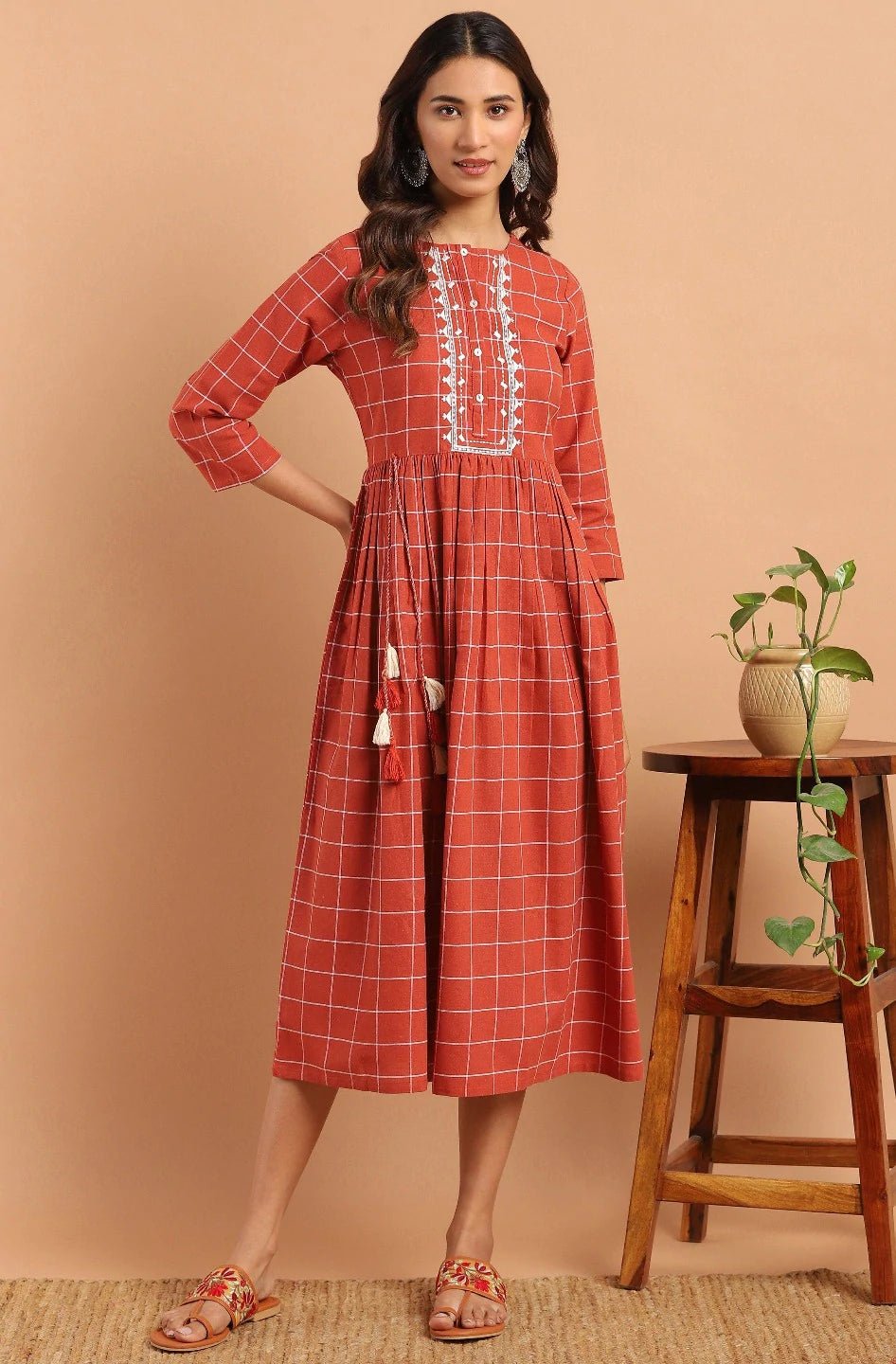 Rust Cotton Fit & Flared Western Dress - DWEEP SARA Rust Cotton Fit & Flared Western Dress - DWEEP SARA