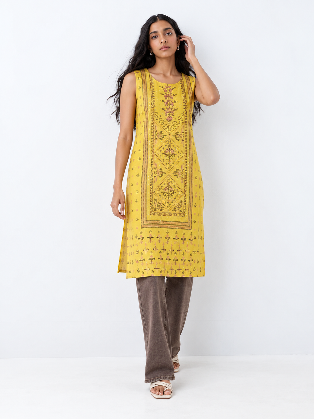 Yellow Printed Rayon Straight Kurta with Stone Detailing