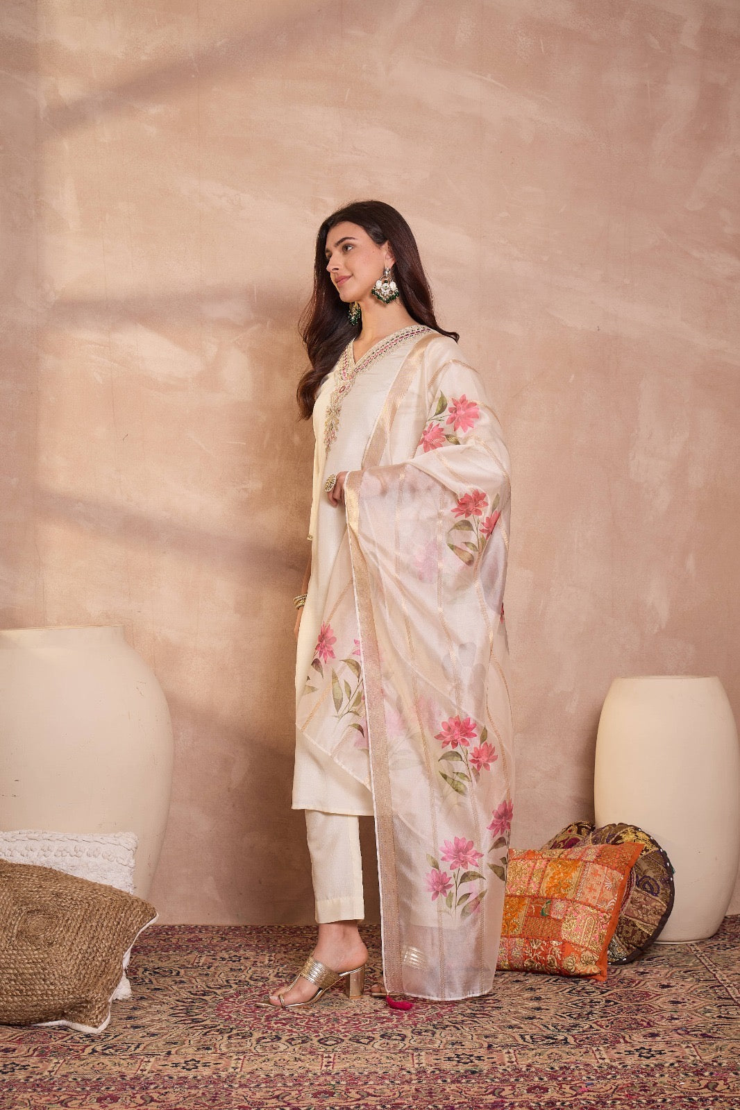 Off White Silk Blend Solid Embroidered Straight Kurta Trouser With Dupatta