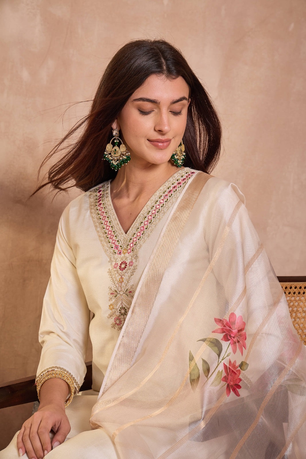 Off White Silk Blend Solid Embroidered Straight Kurta Trouser With Dupatta