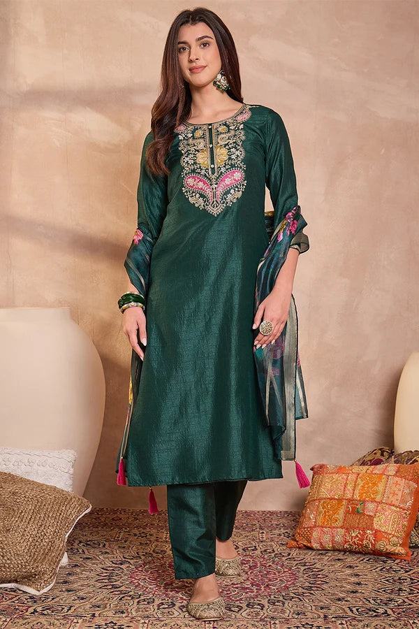 Green Silk Blend Solid Embroidered Straight Kurta Trouser With Dupatta
