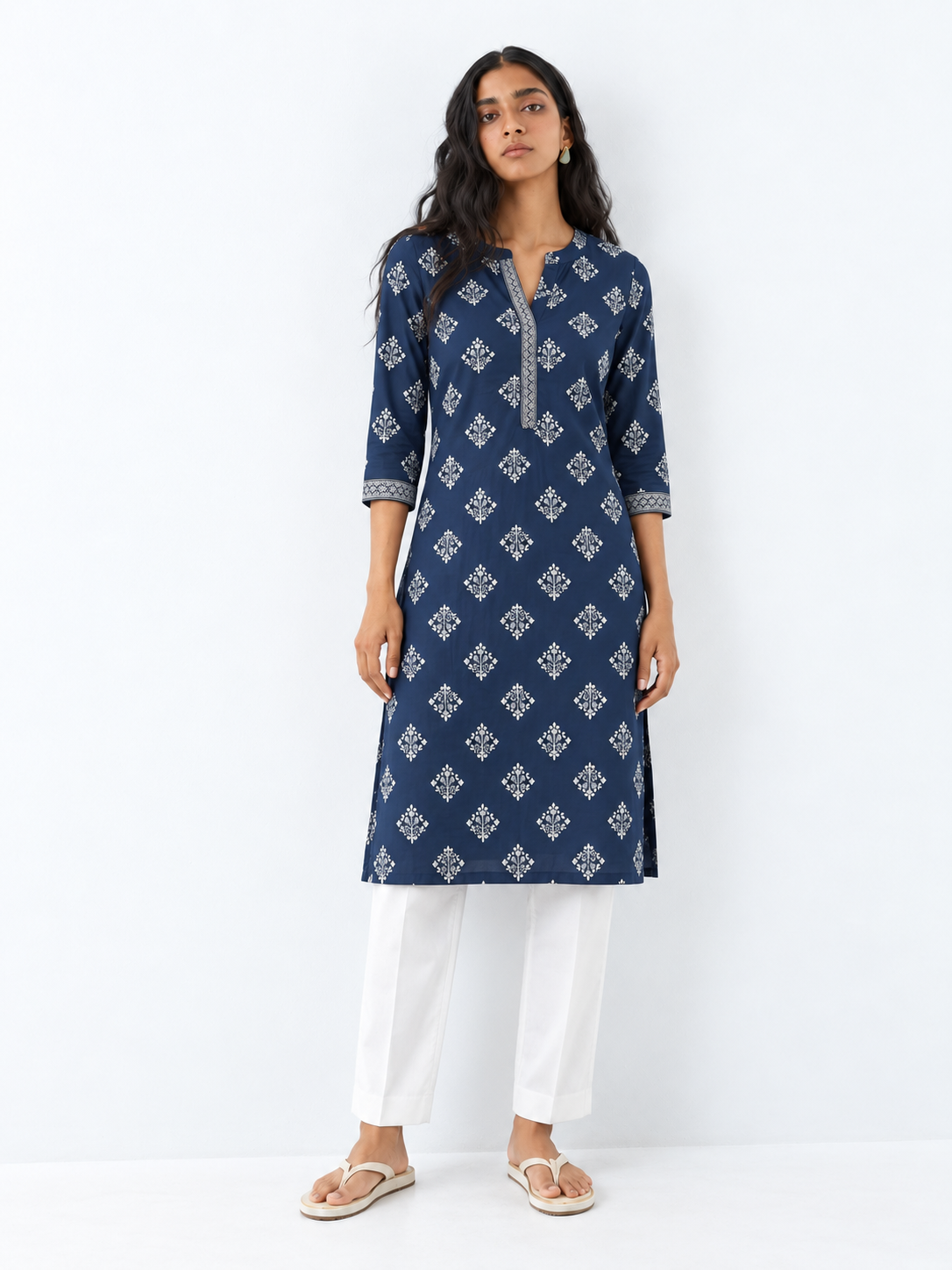 DWEEP SARA Navy Blue Printed Rayon Straight Kurta