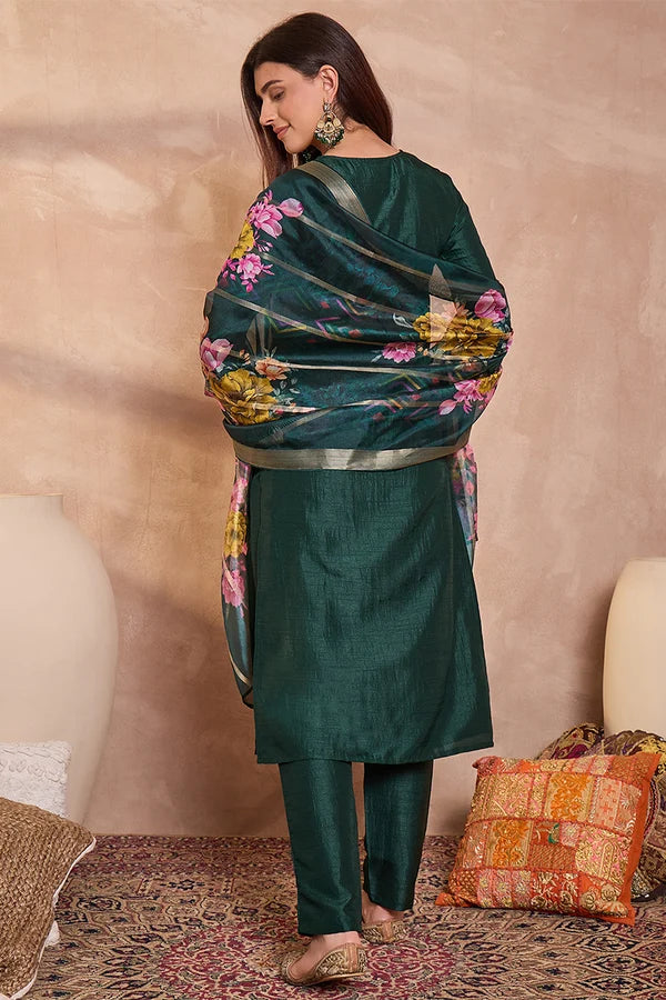 Green Silk Blend Solid Embroidered Straight Kurta Trouser With Dupatta