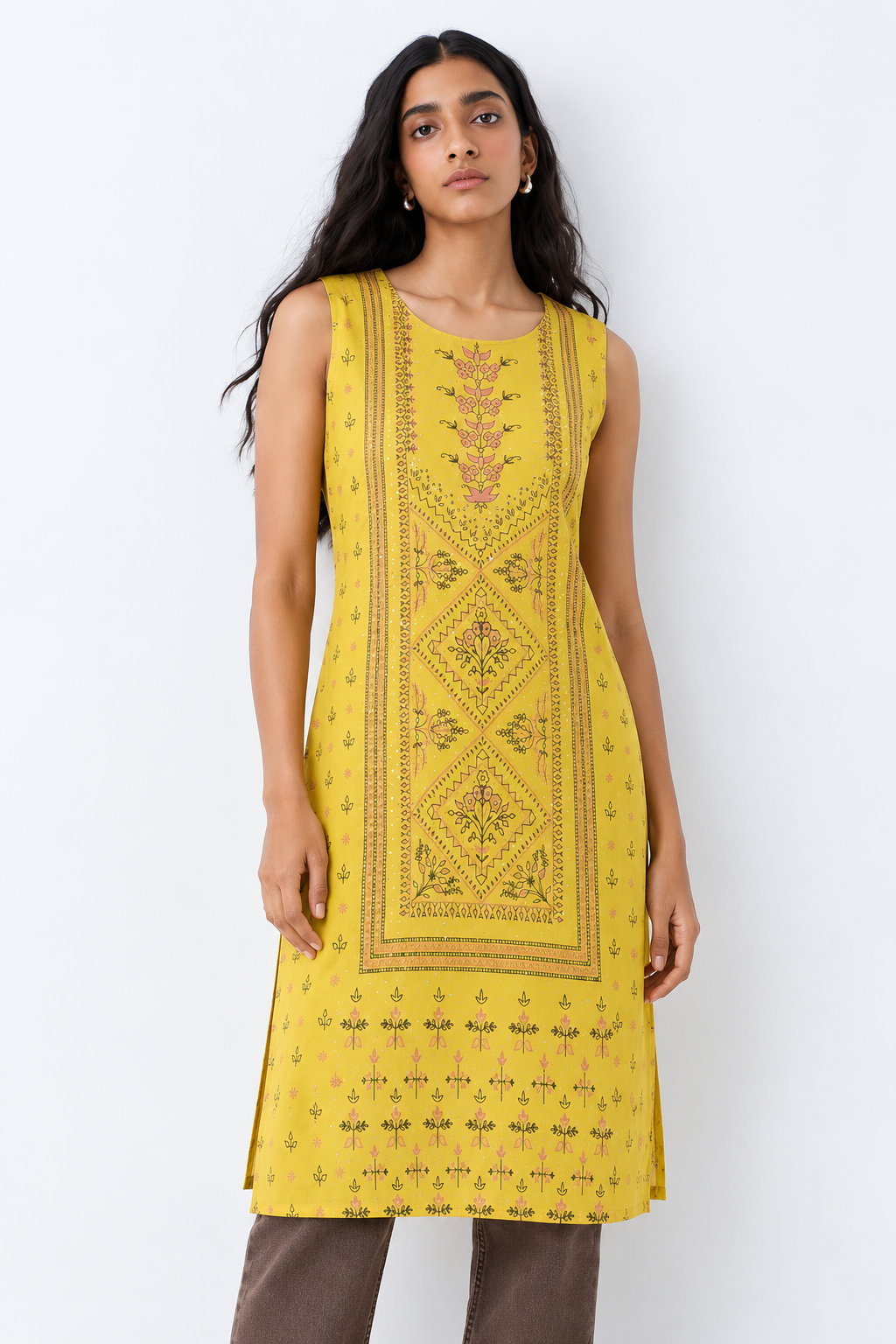 Yellow Printed Rayon Straight Kurta with Stone Detailing