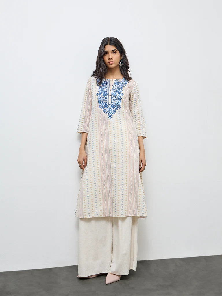 Off-White Floral Printed Cotton-Blend Kurta