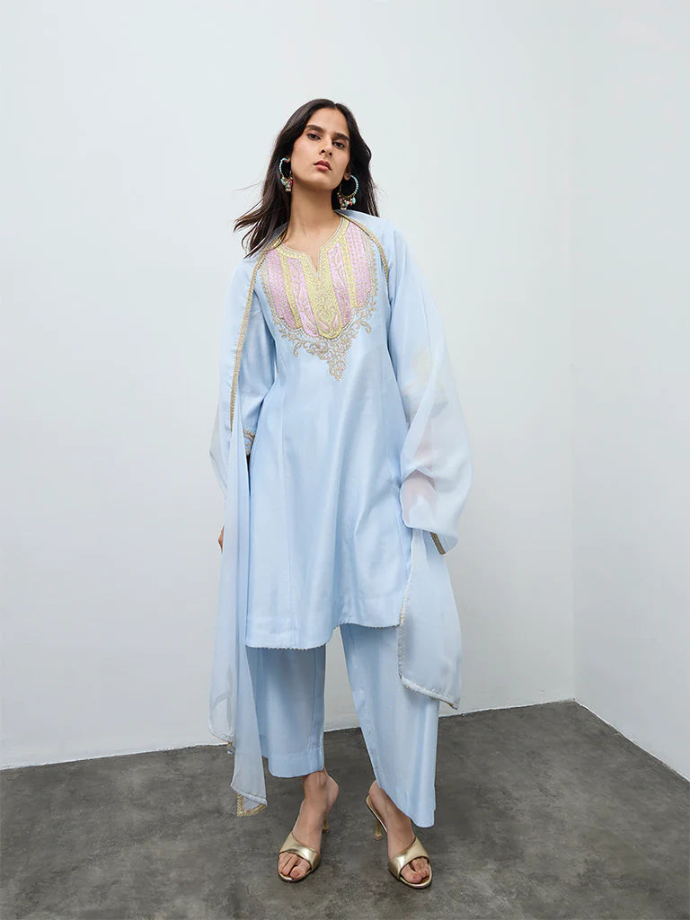 Sky Blue Embroidered Viscose Silk Kurta Set with Dupatta
