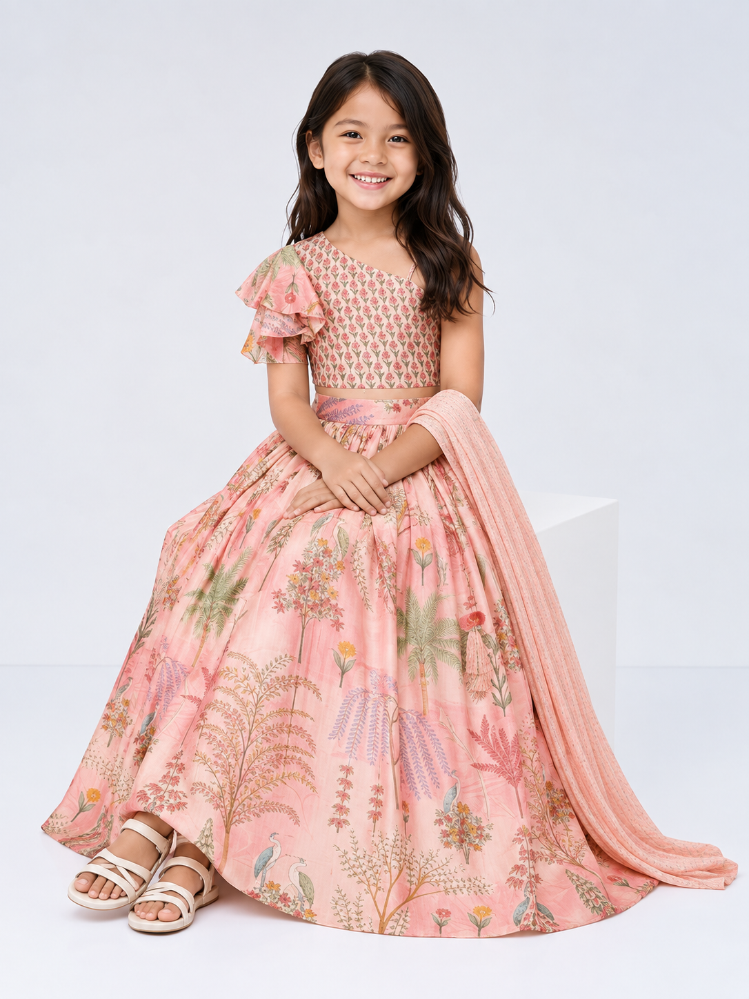 Elegant Peach Floral Printed Kids Lehenga Set