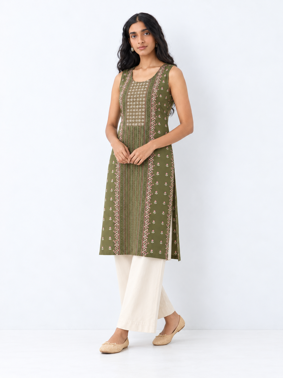 Green Printed Rayon Straight Kurta with Stone Detailing