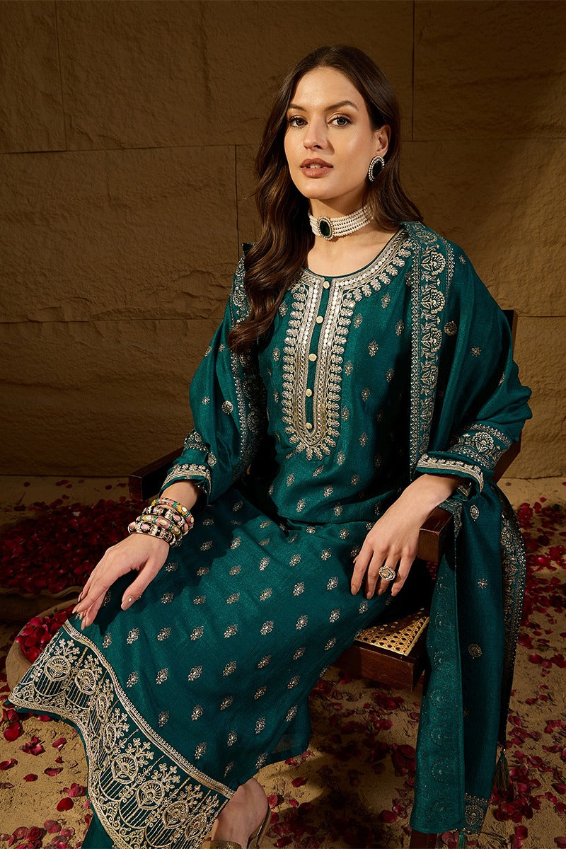Teal Silk Blend Embroidered Straight Kurta Trouser With Dupatta
