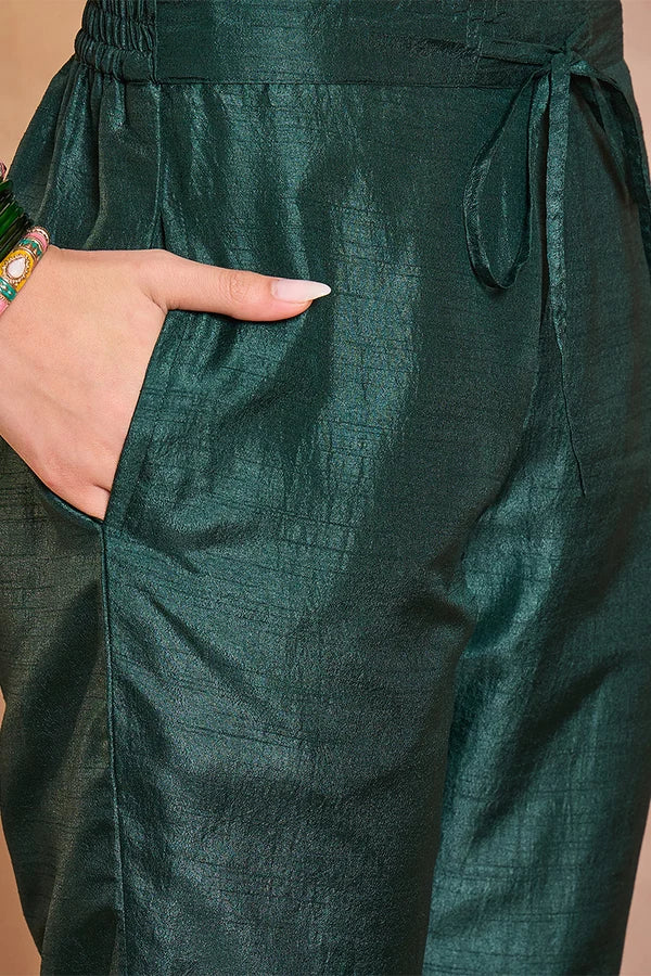 Green Silk Blend Solid Embroidered Straight Kurta Trouser With Dupatta