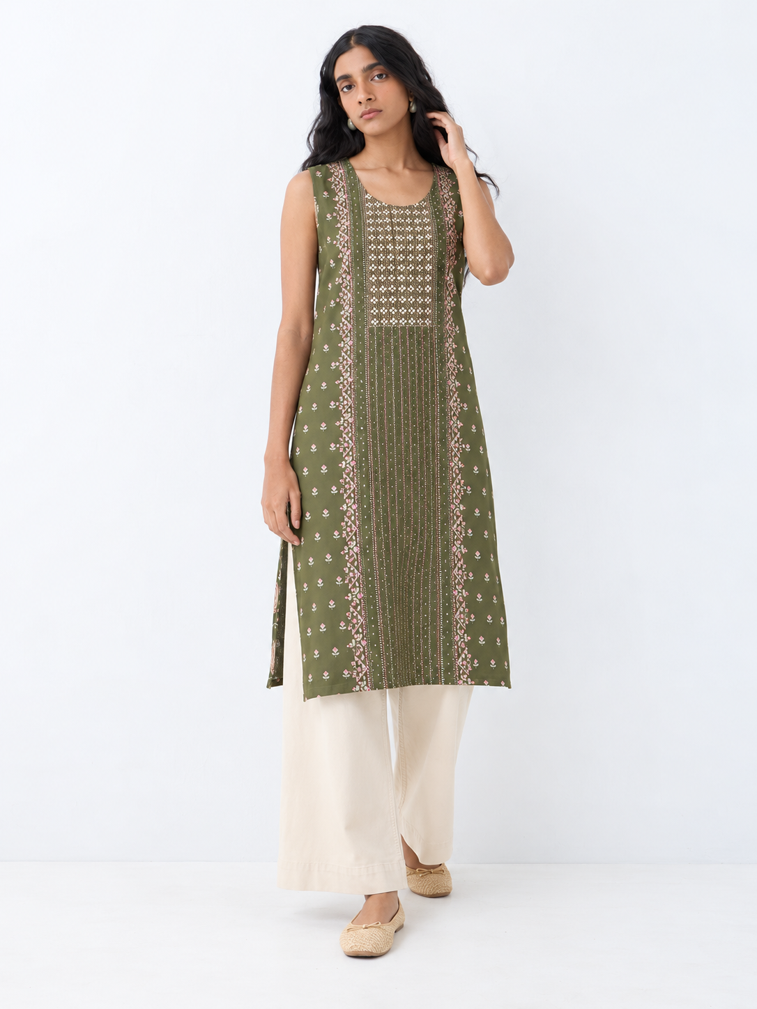 Green Printed Rayon Straight Kurta with Stone Detailing