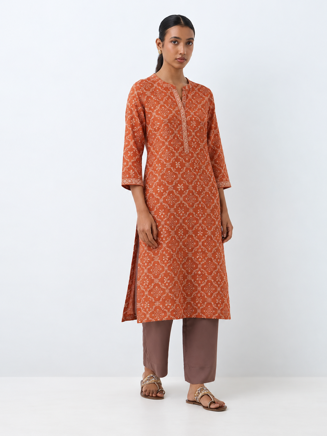 DWEEP SARA Rust Orange Printed Rayon Straight Kurta