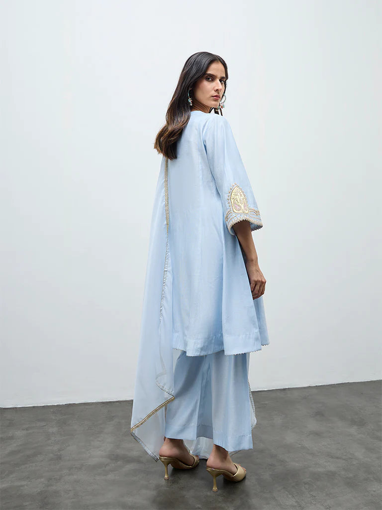 Sky Blue Embroidered Viscose Silk Kurta Set with Dupatta