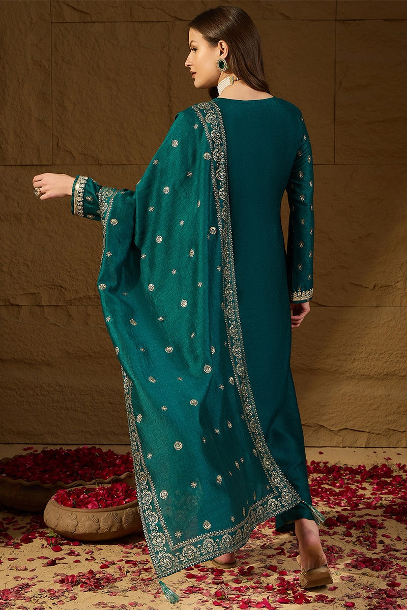 Teal Silk Blend Embroidered Straight Kurta Trouser With Dupatta