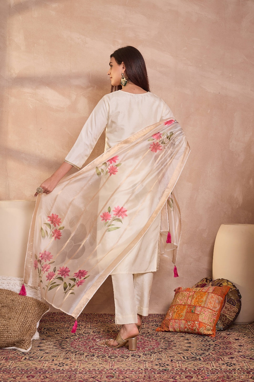 Off White Silk Blend Solid Embroidered Straight Kurta Trouser With Dupatta