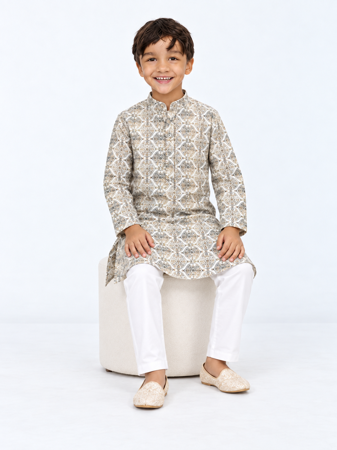 Boys’ Ivory Medallion Printed Embroidered Kurta & Straight Pant Set
