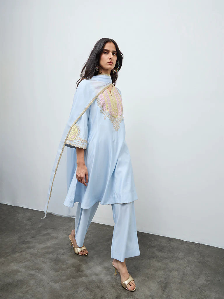 Sky Blue Embroidered Viscose Silk Kurta Set with Dupatta