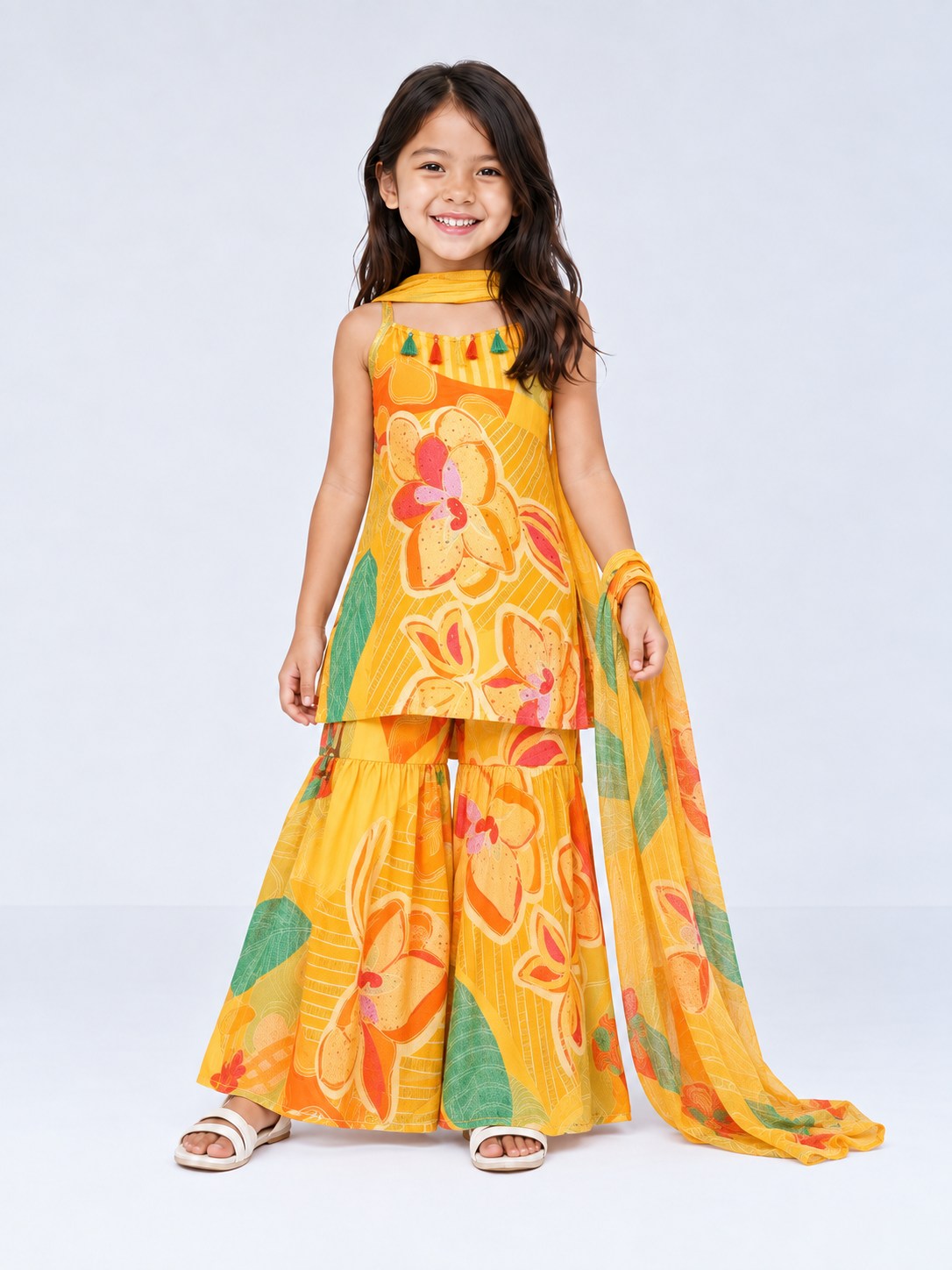 Girls' Festive Floral Printed Yellow Sharara Set