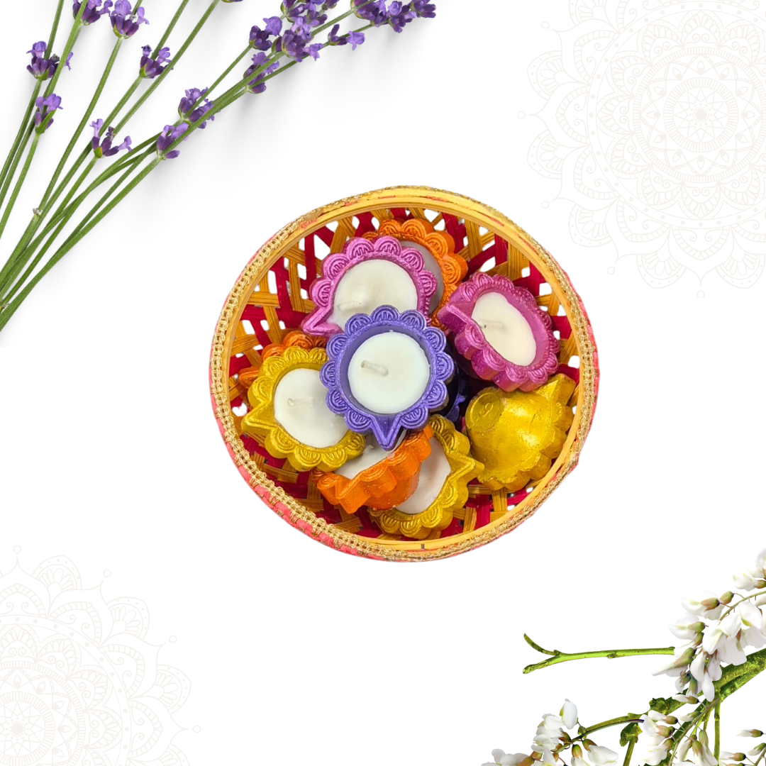 Handcrafted Decorative Diya Set Diwali Gift – 10 Colorful Wax-Filled Clay Diyas in Gift Basket – Perfect for Return Diwali Gift , Festive Decor & Gifting