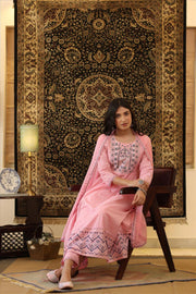 Pink Cotton Embroidered Yoke Design Anarkali Hand Pant Dupatta Suit Set