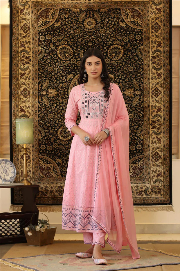 Pink Cotton Embroidered Yoke Design Anarkali Hand Pant Dupatta Suit Set