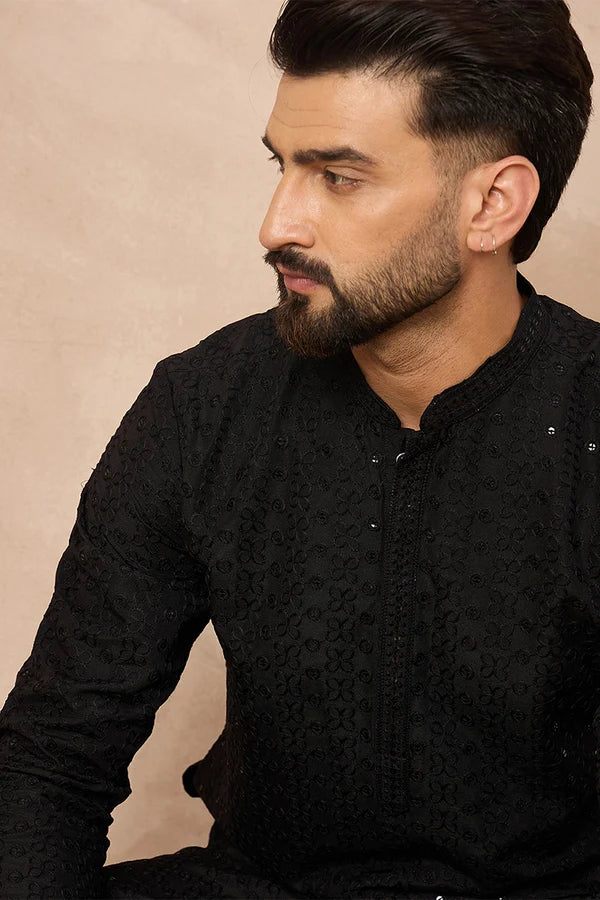 Mens Black Viscose Rayon Solid Embroidered Straight Kurta
