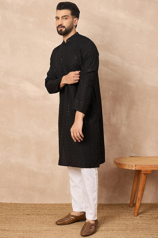 Mens Black Viscose Rayon Solid Embroidered Straight Kurta