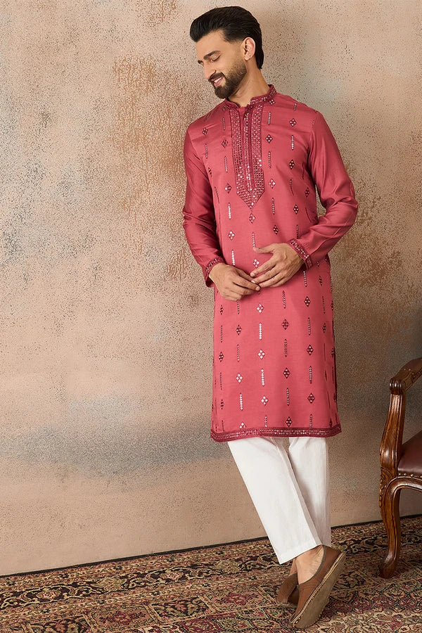 Rose Silk Blend Solid Embroidered Sequins Kurta