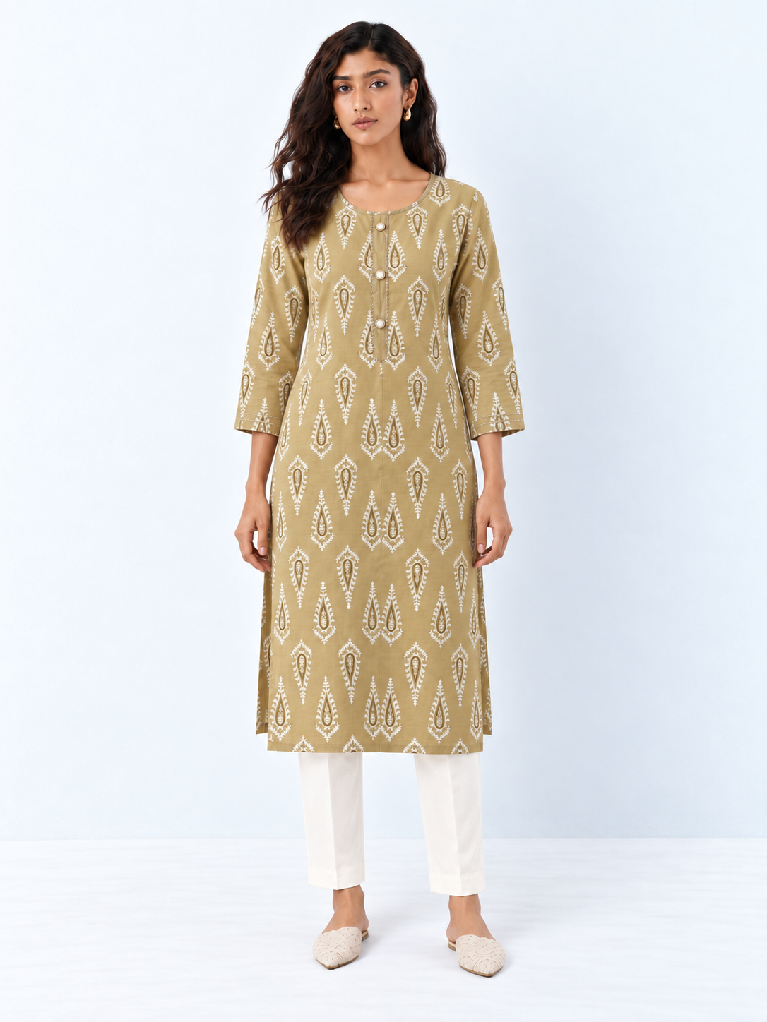 Women’s Beige Paisley Printed Straight Kurta with Sequin Details