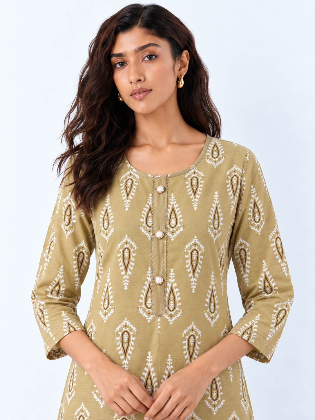 Women’s Beige Paisley Printed Straight Kurta with Sequin Details