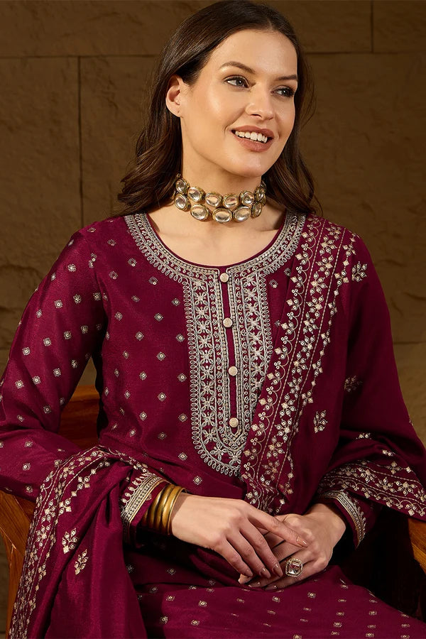 Maroon Silk Blend Embroidered Straight Kurta Trouser With Dupatta