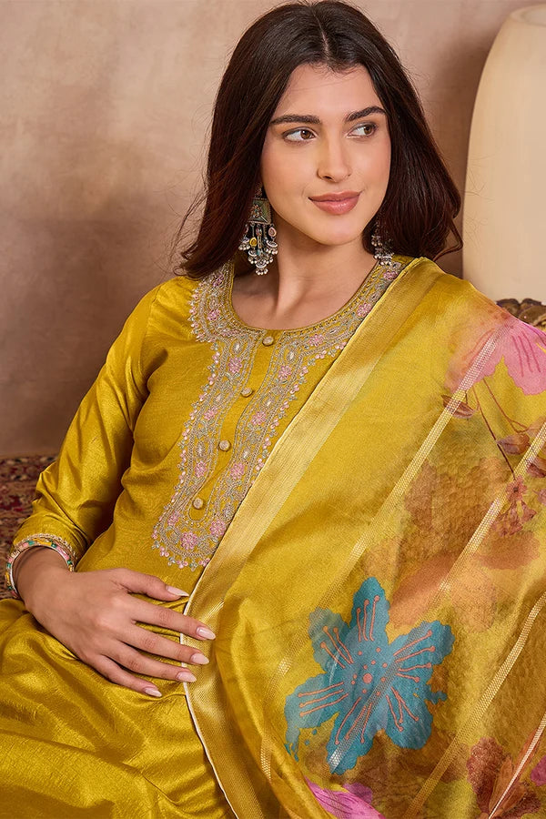 Yellow Silk Blend Solid Embroidered Straight Kurta Trouser With Dupatta