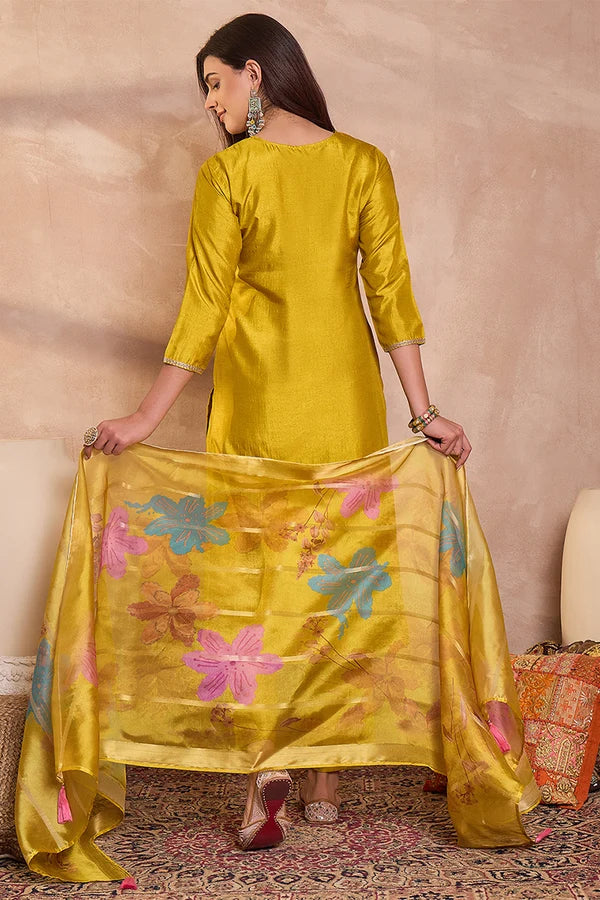 Yellow Silk Blend Solid Embroidered Straight Kurta Trouser With Dupatta