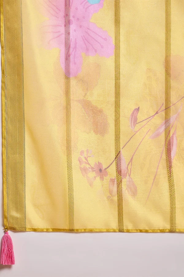 Yellow Silk Blend Solid Embroidered Straight Kurta Trouser With Dupatta