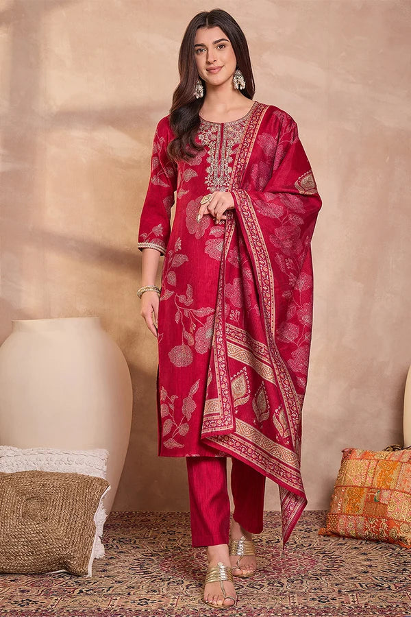 Pink Silk Blend Floral Printed Straight Kurta Trouser With Dupatta
