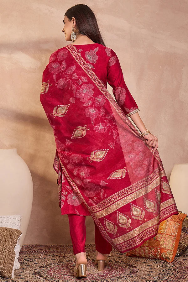 Pink Silk Blend Floral Printed Straight Kurta Trouser With Dupatta