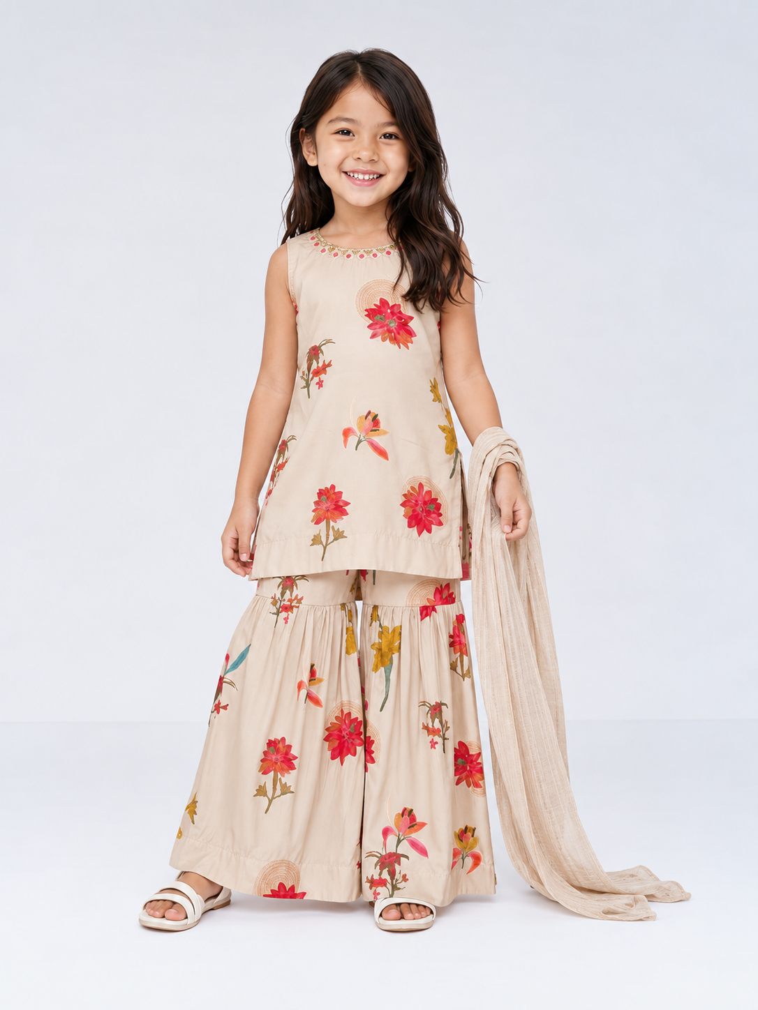 Cream Floral Kurti with Sharara Set for Girls – Festive & Party Wear (4914)