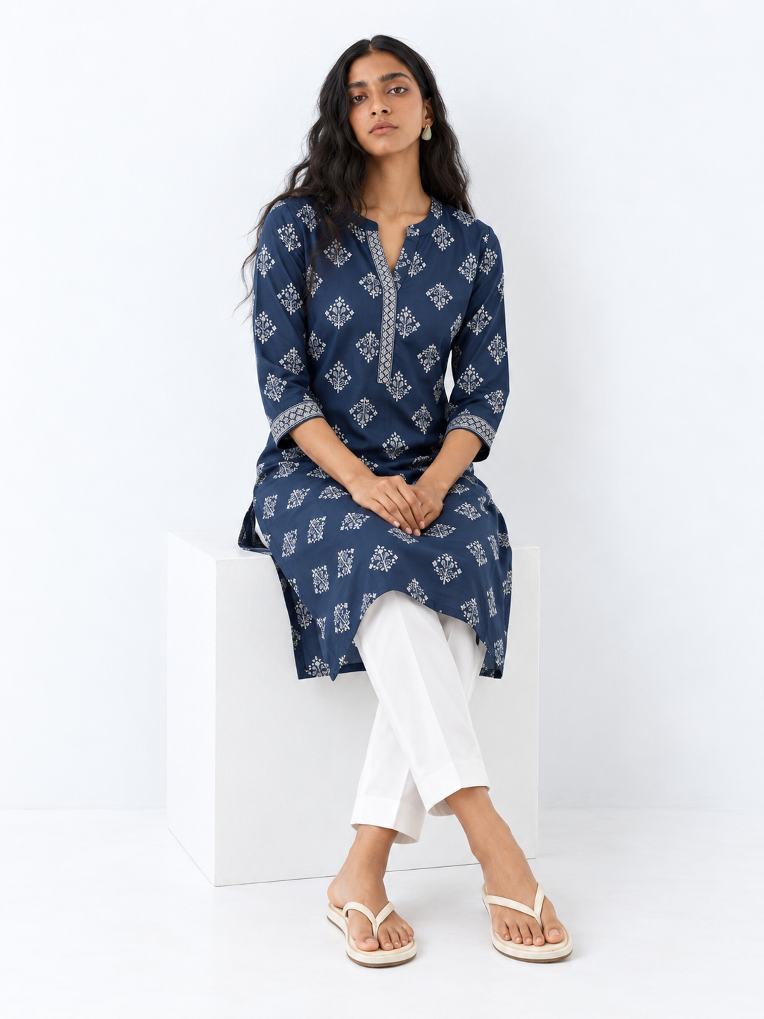 DWEEP SARA Navy Blue Printed Rayon Straight Kurta