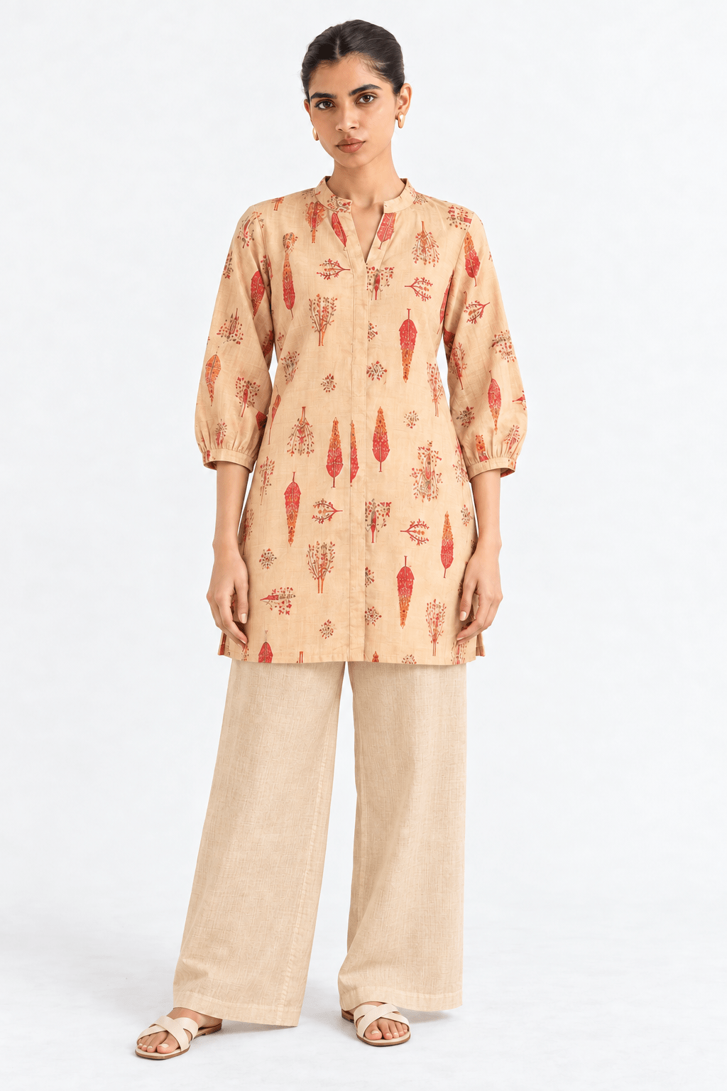 Beige Cotton Blend Floral Printed Regular Top Short Kurti Tunic - DWEEP SARA
