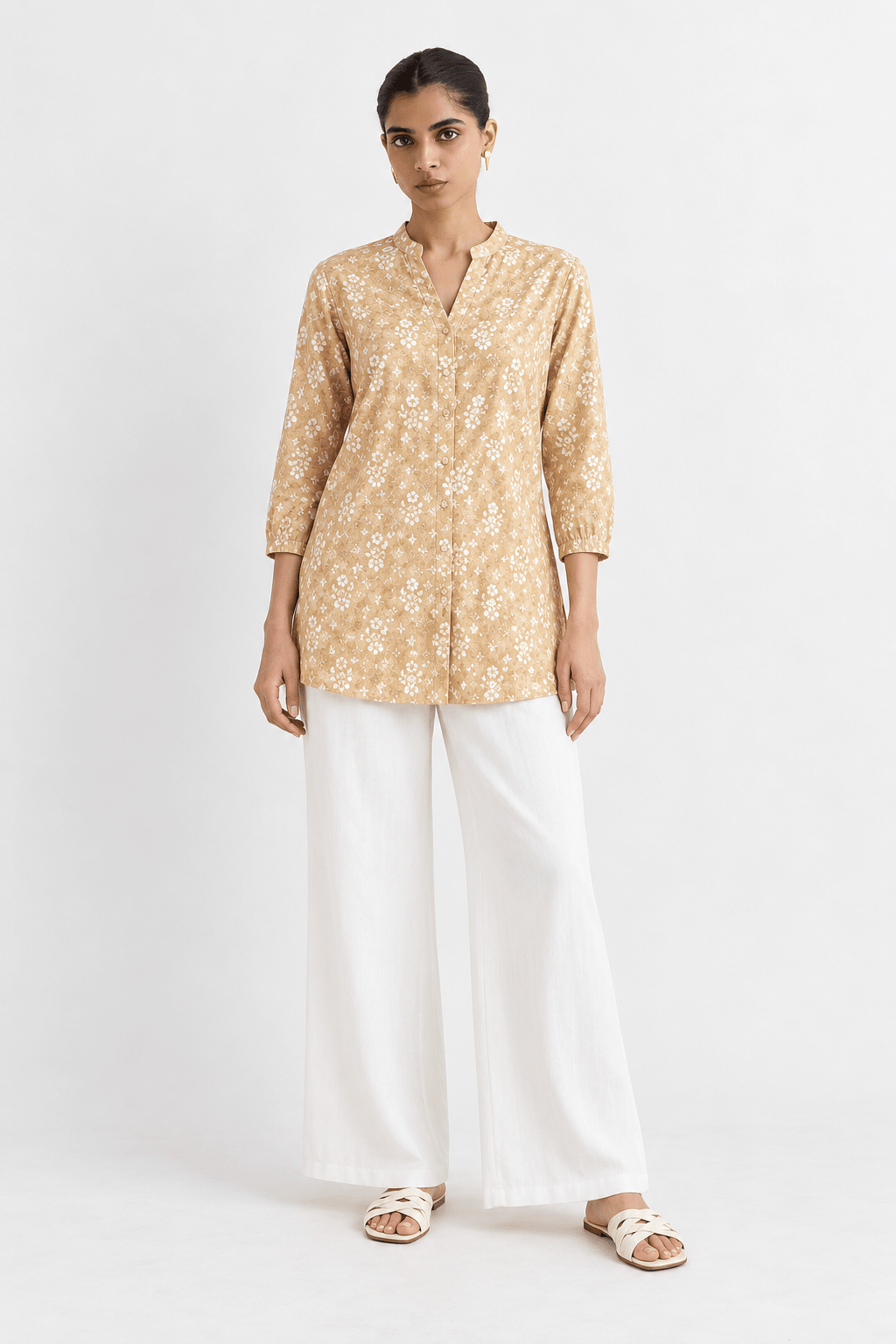 Beige Cotton Blend Floral Printed Regular Top /Short Kurti/ Tunic - DWEEP SARA