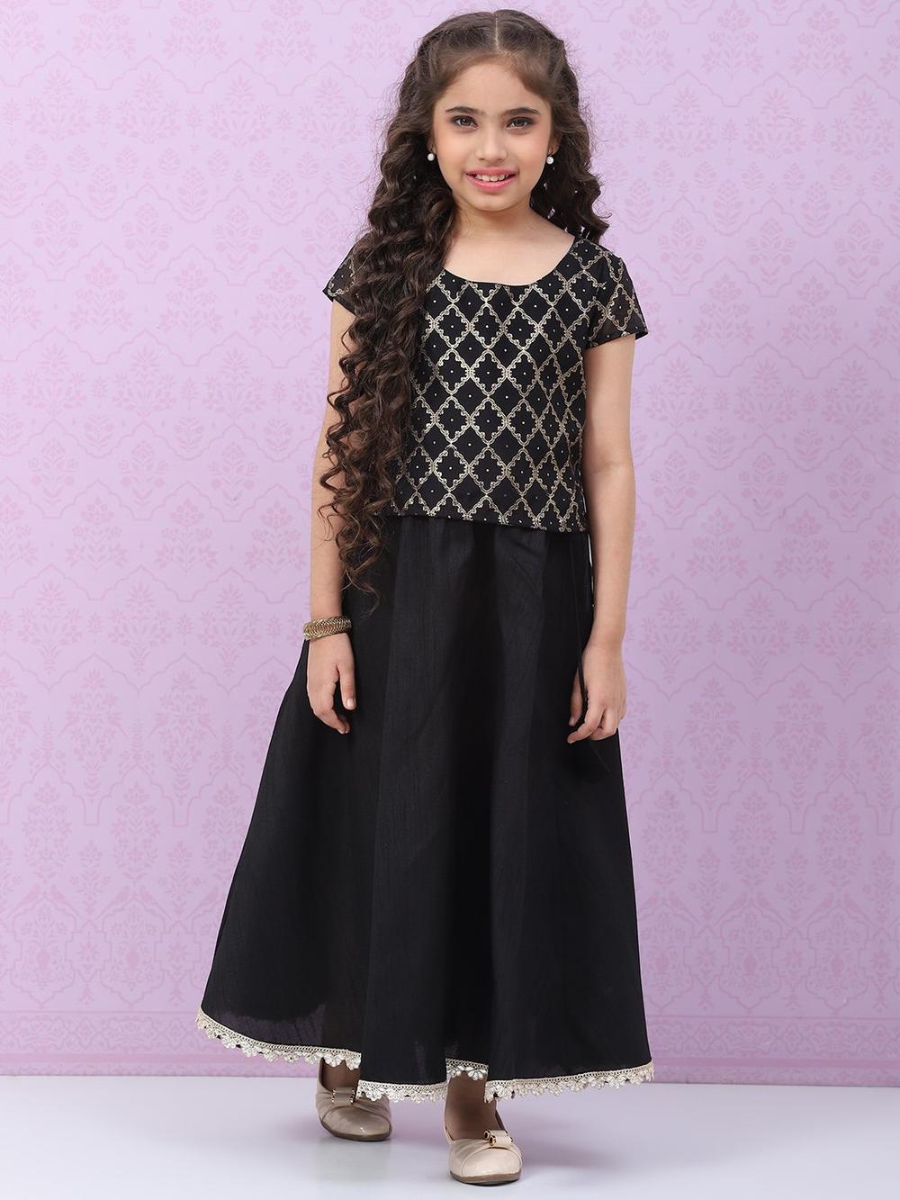 Black Art Silk Gold Printed Kids lehenga Set - DWEEP SARA