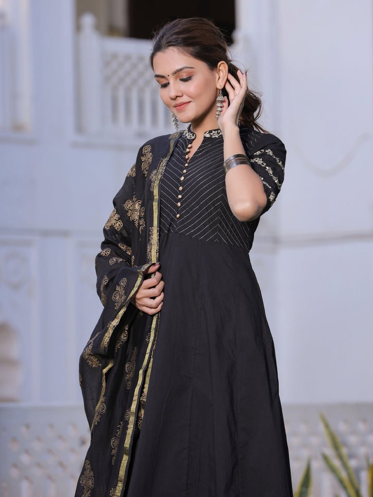 Black & Gold Anarkali Cotton Chanderi Suit Set - DWEEP SARA Black & Gold Anarkali Cotton Chanderi Suit Set - DWEEP SARA
