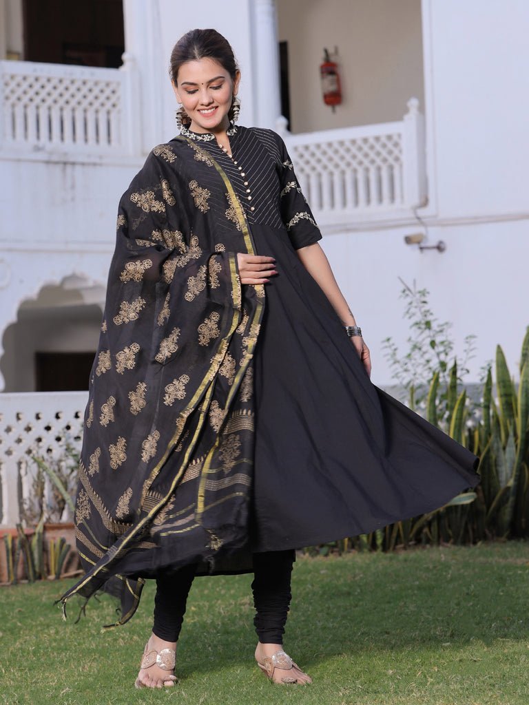 Black & Gold Anarkali Cotton Chanderi Suit Set - DWEEP SARA