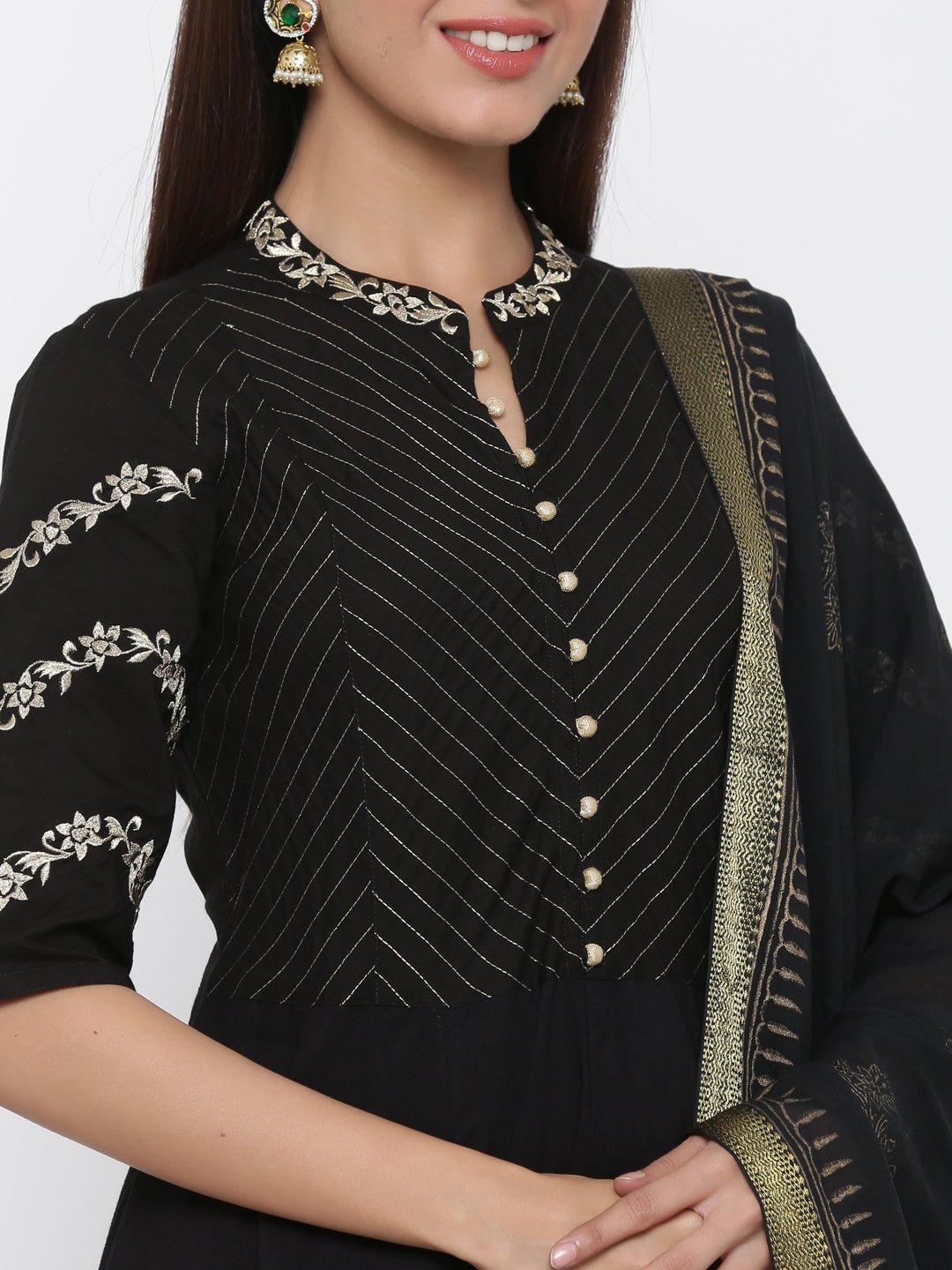 Black & Gold Anarkali Cotton Chanderi Suit Set - DWEEP SARA