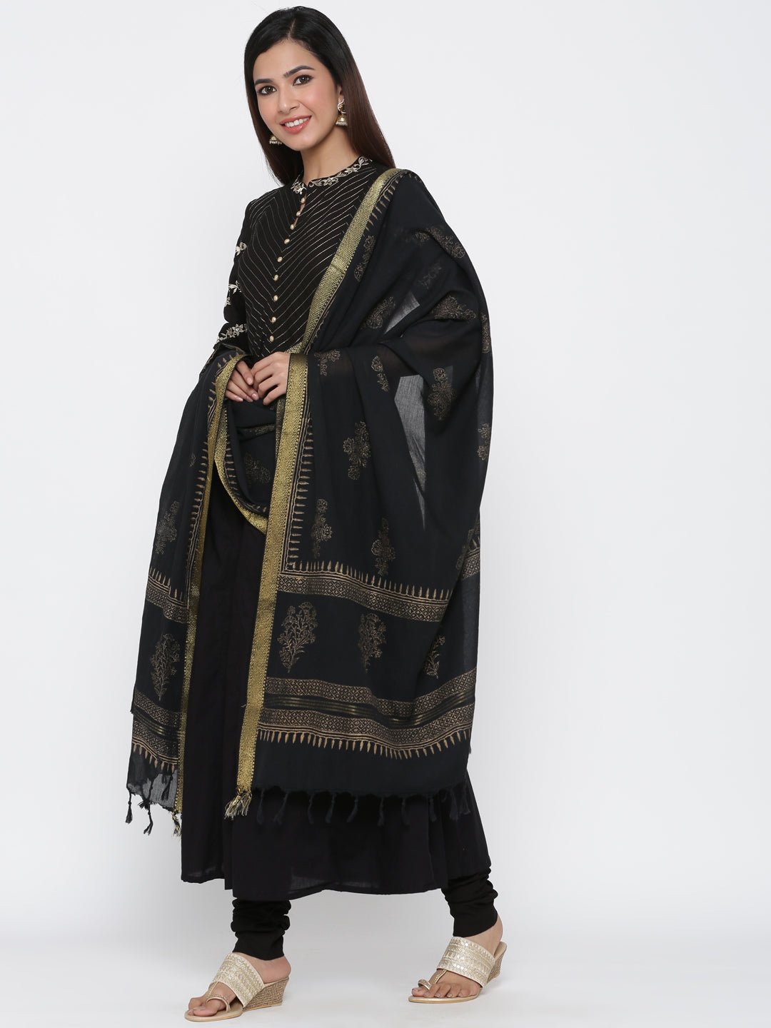 Black & Gold Anarkali Cotton Chanderi Suit Set - DWEEP SARA