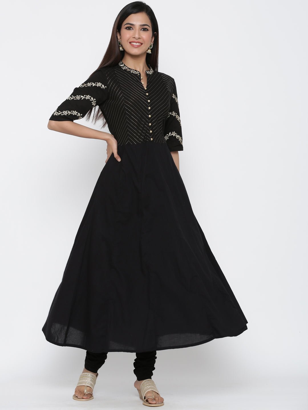 Black & Gold Anarkali Cotton Chanderi Suit Set - DWEEP SARA