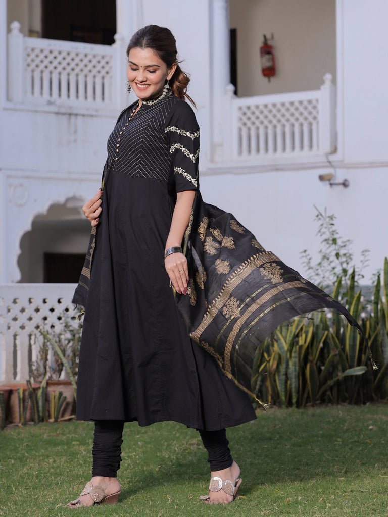 Black & Gold Anarkali Cotton Chanderi Suit Set - DWEEP SARA Black & Gold Anarkali Cotton Chanderi Suit Set - DWEEP SARA