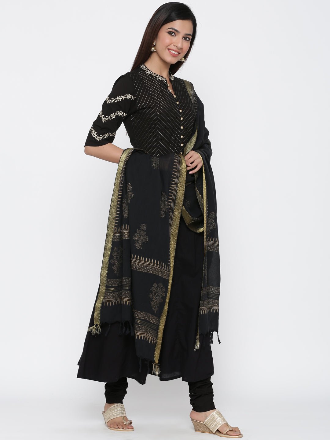 Black & Gold Anarkali Cotton Chanderi Suit Set - DWEEP SARA