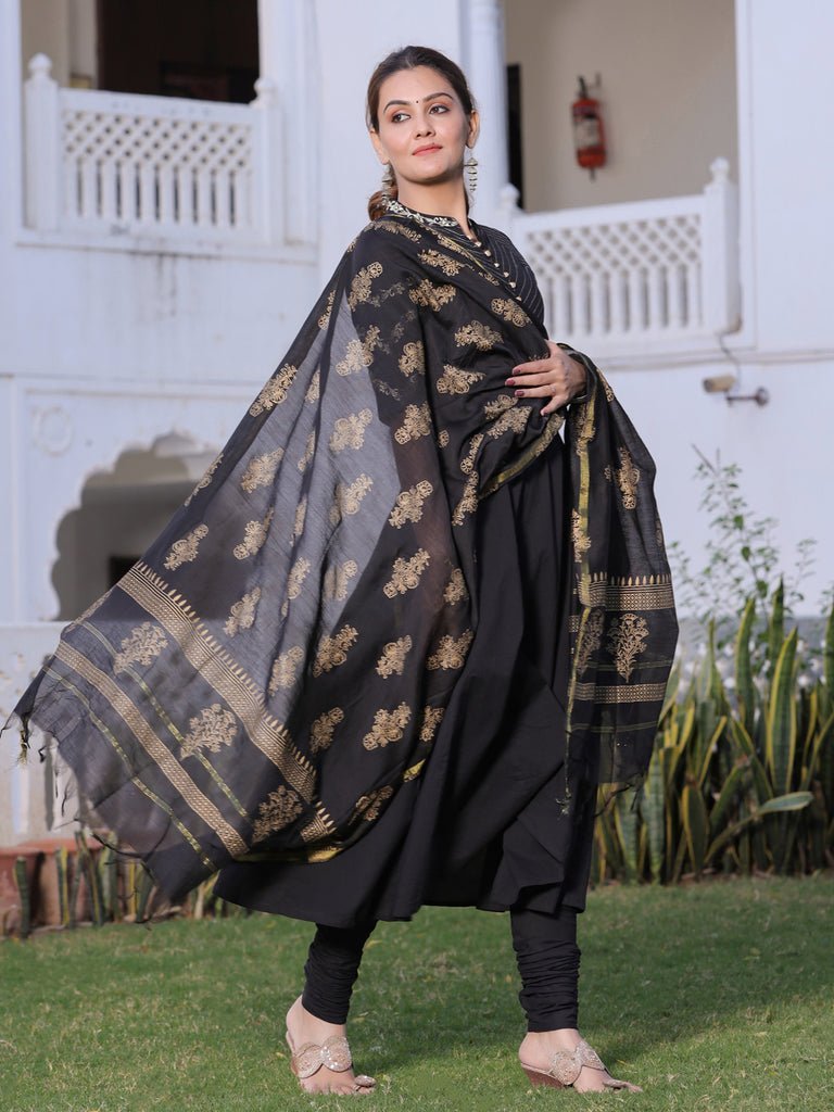 Black & Gold Anarkali Cotton Chanderi Suit Set - DWEEP SARA